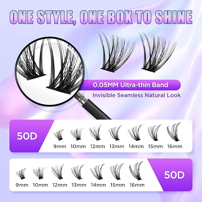 Lash Extension Kit DIY Lash Clusters Kit Eyelash Extensions Individual Lashes Extensions with (280Pcs, 50D, 0.07D 9-16mm)