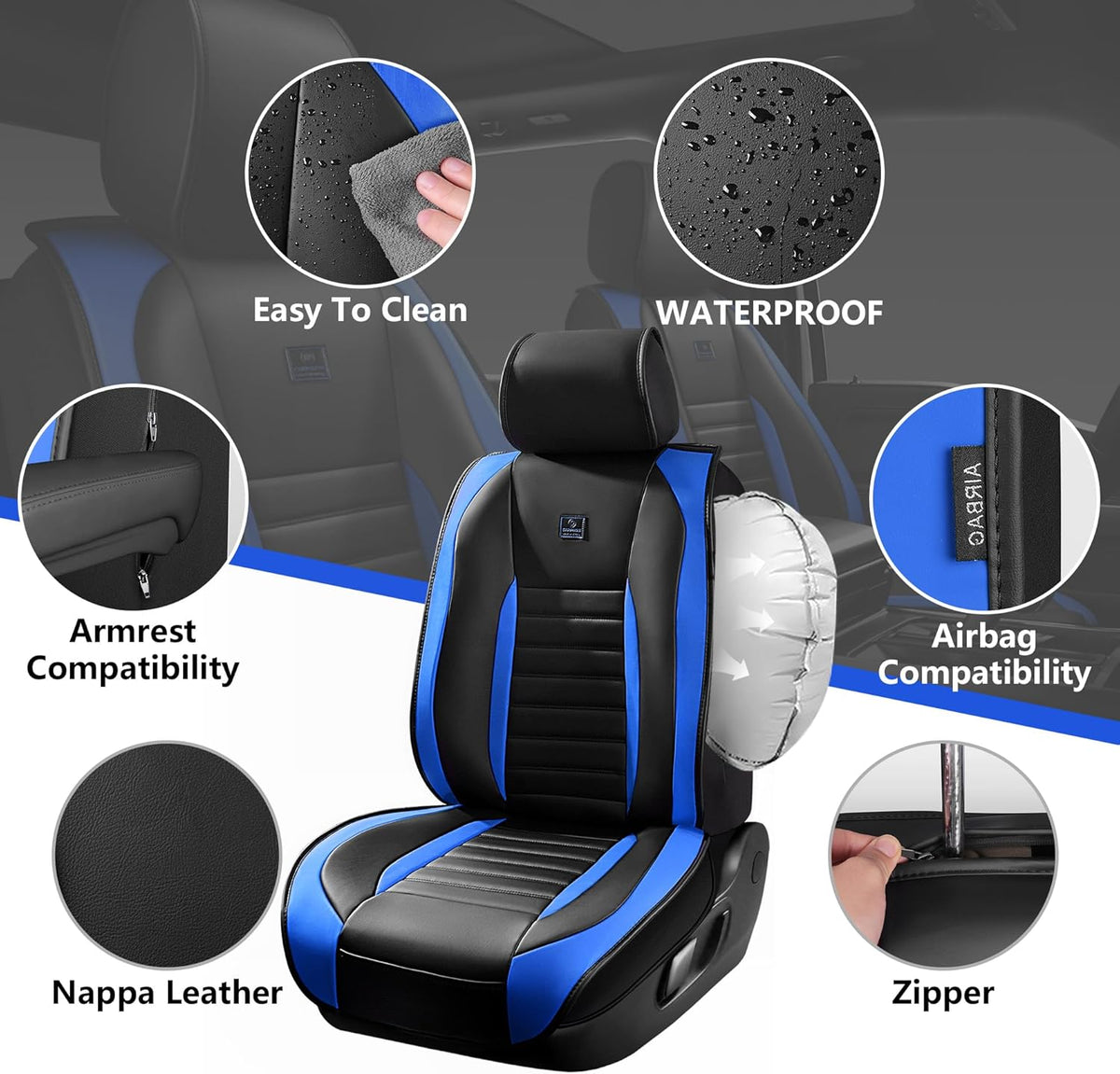 CAR PASS Nappa Leather Car Seat Covers Front Seats, Luxury Seat Protector for Cars, Waterproof Anti-Slip Seat Cushion Armrest Compatible Airbag Universal for Sedan SUV Pick-up Truck Auto, Black Blue