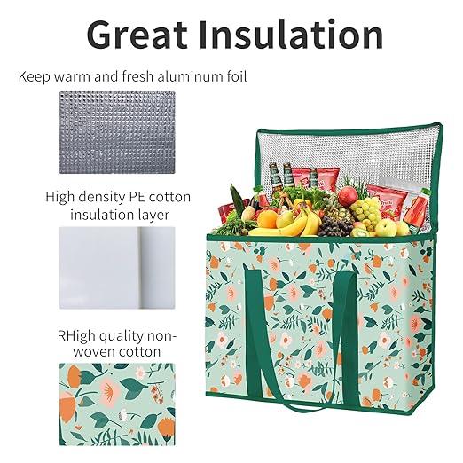 musbus 2-Pack extra Insulated Grocery shopping bag, large Green leaf, kitchen foldable reusable bags groceries,Sturdy zipper,Collapsible,tote,cooler,for transport women,Durable carrier