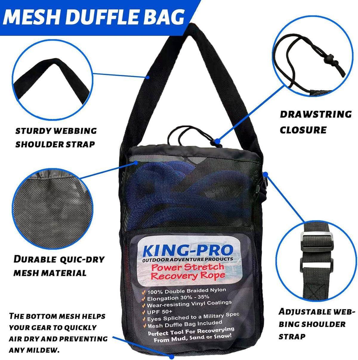 KING-PRO Kinetic Recovery Rope 3/4“x30' Towing Rope 20,000lbs Breaking Strength 100% Nylon Made Heavy Duty Offroad Snatch Strap 30% Elasticity for Full-Size Truck Large SUVs Offroad Vehicels (Blue)