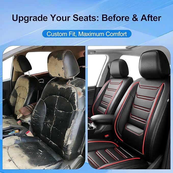 Fit Impala Car Seat Covers for Select Chevrolet/Chevy Impala 2000-2020, Premium Full Coverage Leather, Airbag Compatible, Waterproof All Weather Seat Protector, Full Set, Red Trim