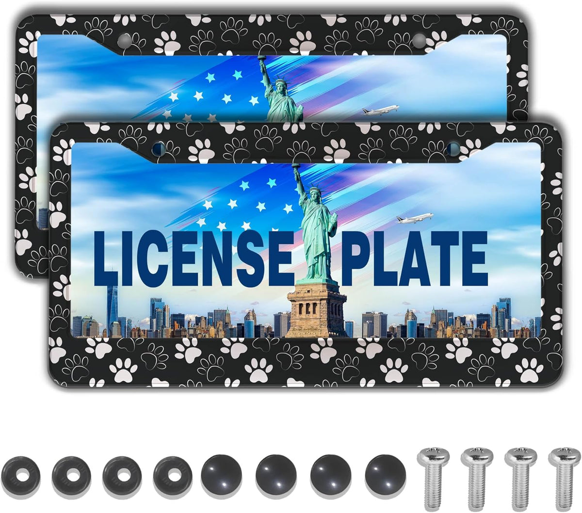 License Plate Holder Black and White License Plate Frames Black White Dog Cat Paw Print Universal Aluminum Car Accessory 2 Pack with Screw Covers Set