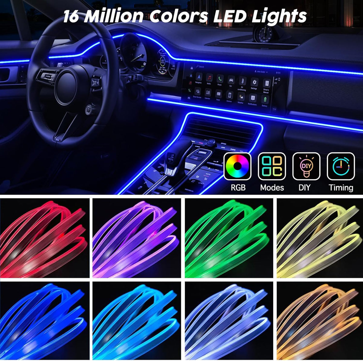 USB Car LED Lights, Interior Car Lights Strip with APP and RF Remote Control, 5 in 1 Ambient Lighting with 276 inches Fiber Optic Music Sync Simple Installation EL Wire Lights (5 in 1/276 inches)