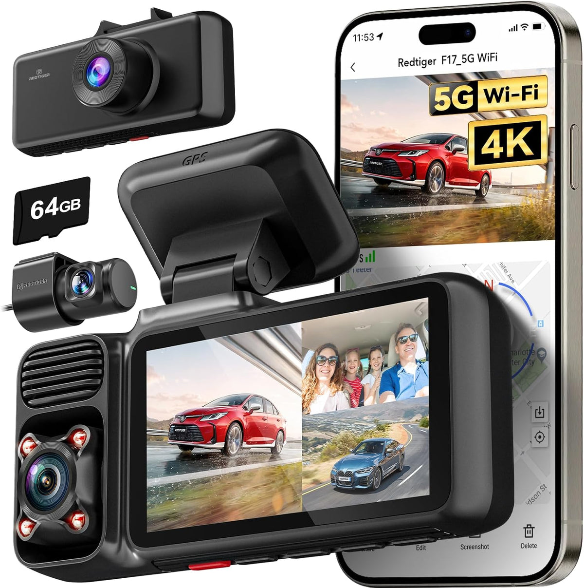 REDTIGER F17 4K 3 Channel Dash Cam, 5GHz WiFi Built-in GPS with 64GB Card, 2160P+1080P+1080P Front and Rear Inside, Triple Car Camera with 3 Inch Screen, IR Night Vision, G Sensor, WDR, Parking Mode
