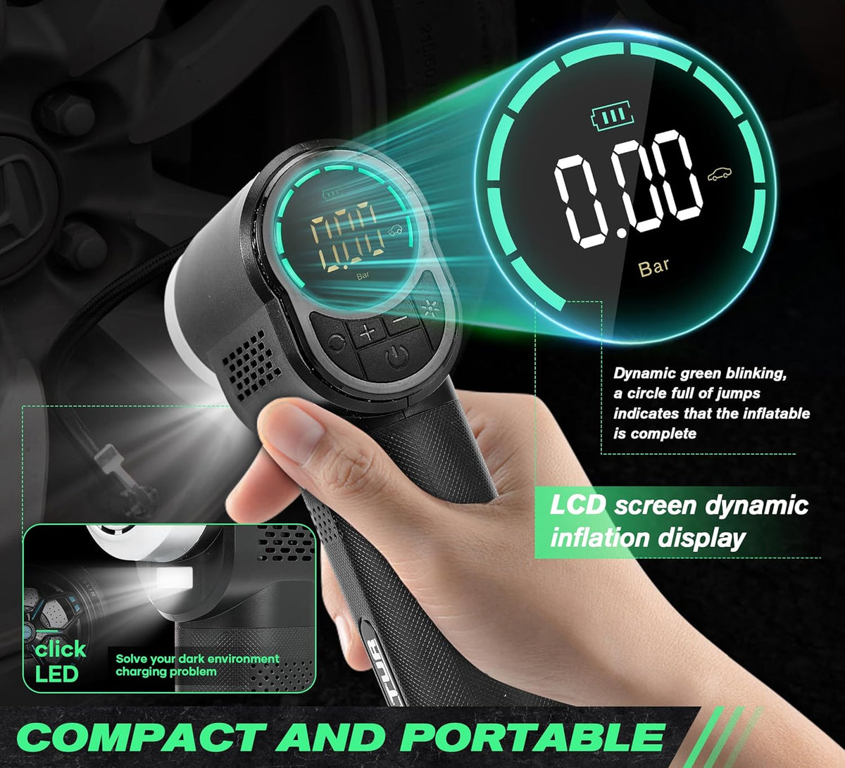 Vehicle Tire Inflator Portable Air Compressor & Inflator(150PSI),TYPE-C 6000mAH Car Tire Pump with Light, Digital Tire Pressure Gauge, Air Pump-Car Motorcycle Accessories