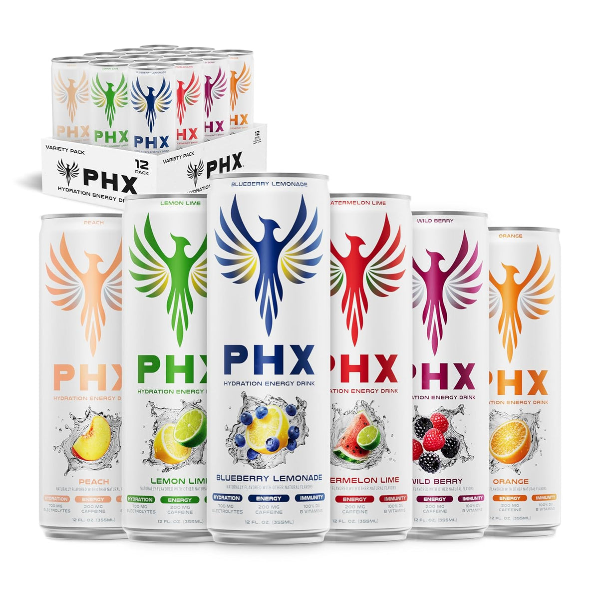 PHX Hydration Energy Drink - 700mg Electrolytes, 200mg Natural Green Tea Caffeine, 100% Daily Value 8 Essential Vitamins - 12 oz Cans (12 Pack) (12 Pack, Variety Pack)