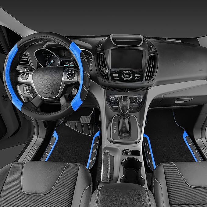 CAR PASS Leather Steering Wheel Cover and Waterproof Car Floor Mats,Microfiber Universal Car Combo Fit for 95% Sedan,SUV,Cars,14.5-15inch Sporty Anti-Slip Safety Comfortable Design(Black＆Blue)