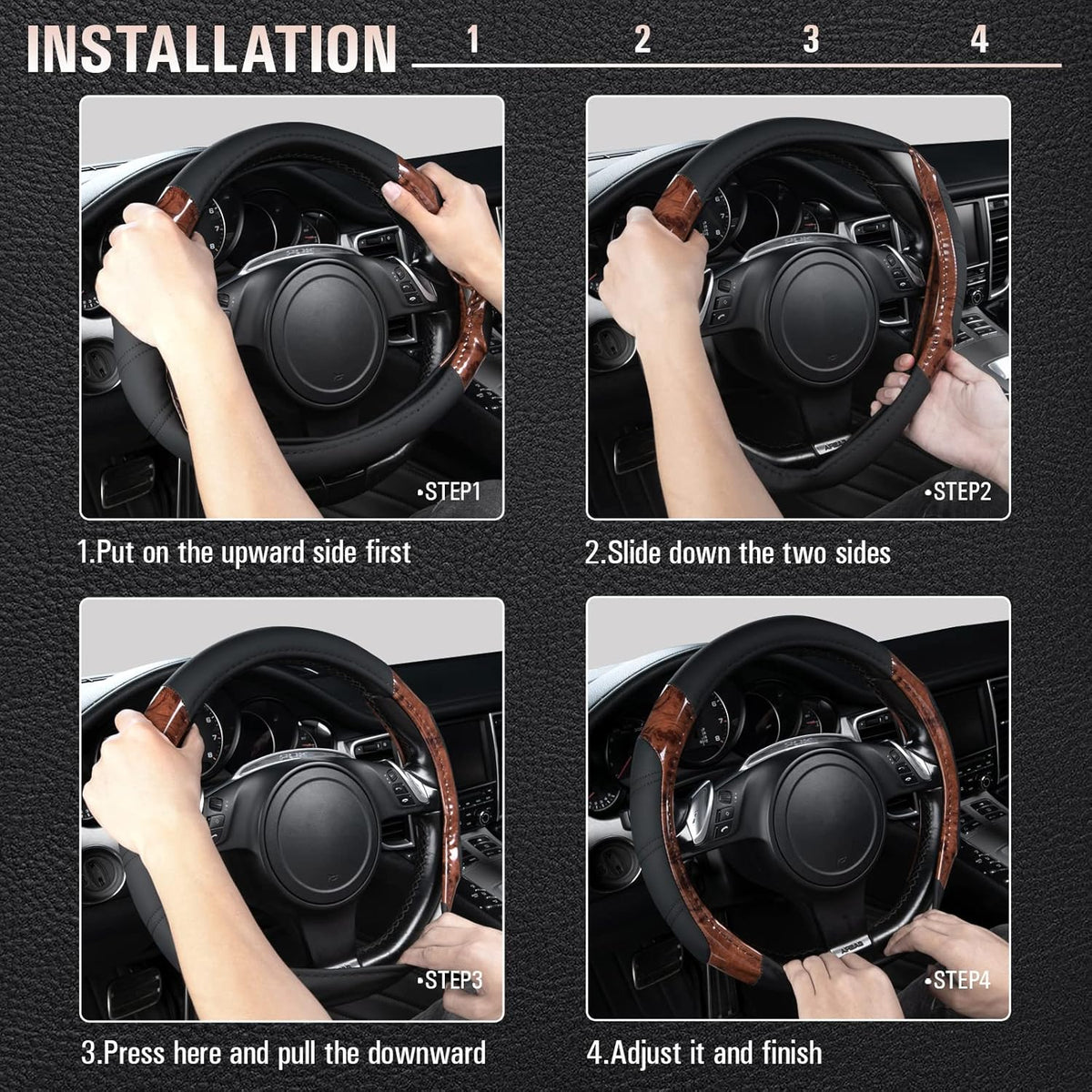 CAR PASS Wood Grain Microfiber Leather Sporty 14.5-15 inch Steering Wheel Cover Universal Fits for 95% Truck,SUV,Cars, Anti-Slip Safety Comfortable Design (Black Wood Grain)