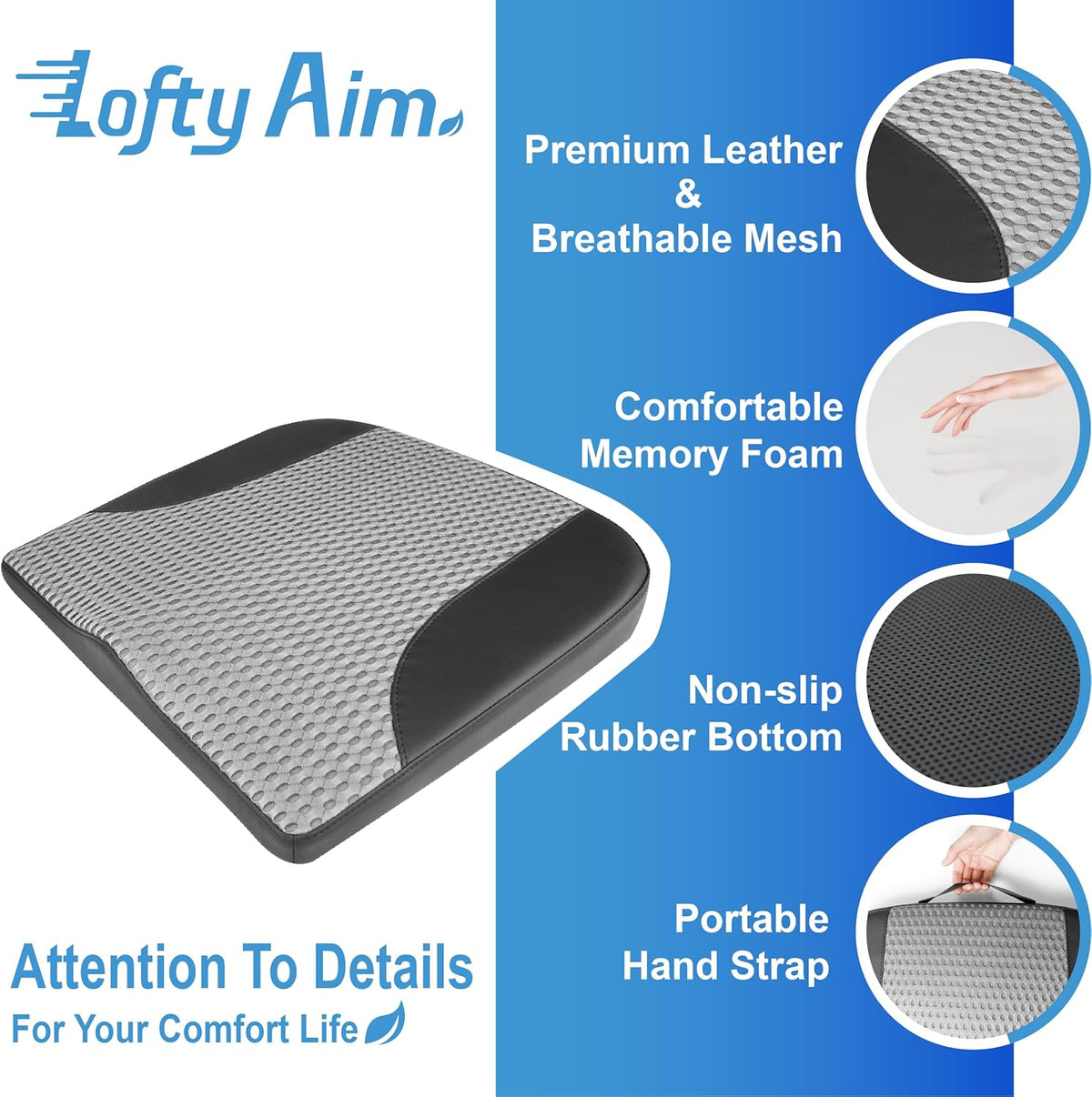 Car Seat Cushion, Comfortable Memory Foam Seat Pillow for Driving, Sciatica-Back Pain Relief, Cushion for Car-Truck, Office, Wheelchair - Black&Gray