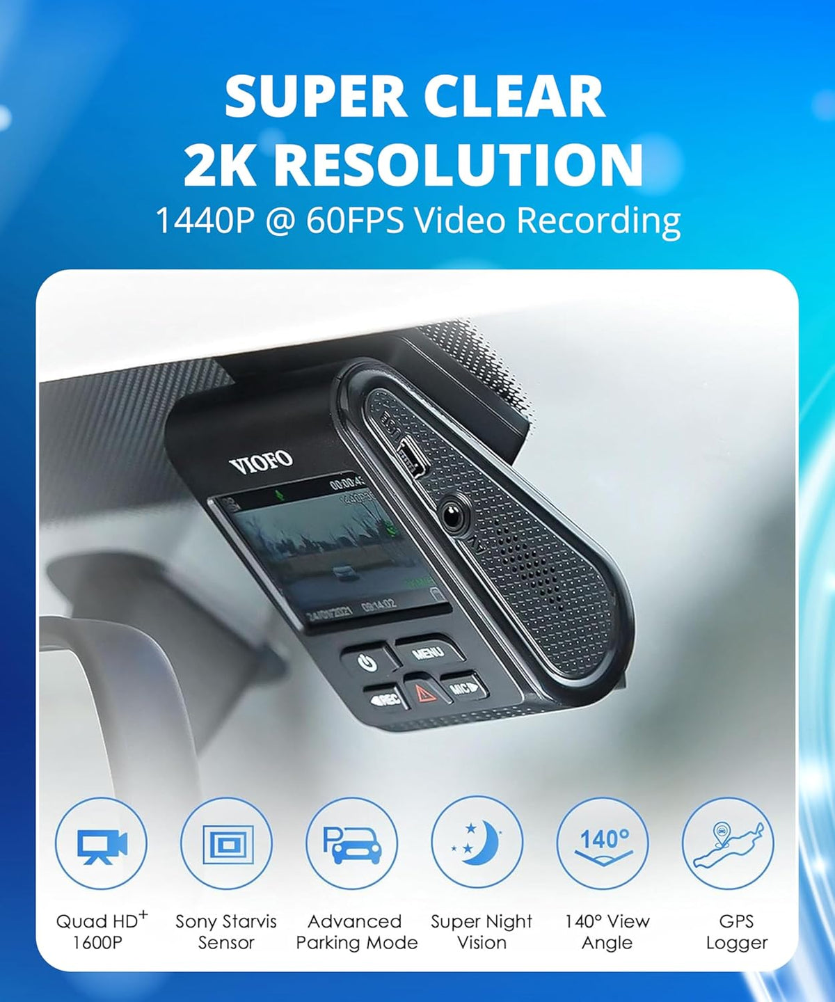 VIOFO Dash Cam A119 V3 2K 2560x1440P Quad HD+ 60FPS Front Car Dash Camera, 5MP STARVIS Sensor, 140-Degree Wide Angle, GPS Included, Buffered Parking Mode, True HDR, Motion Detection, Time Lapse