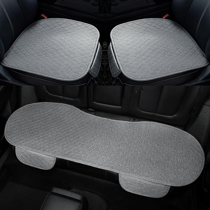 3 PCS Linen Car Seat Covers with Storage Pocket, Back Seat Covers Protectors with Non-Slip, Breathable Bench Seat Covers Universal Fit for SUVs, Cars, Trucks (Light Grey)