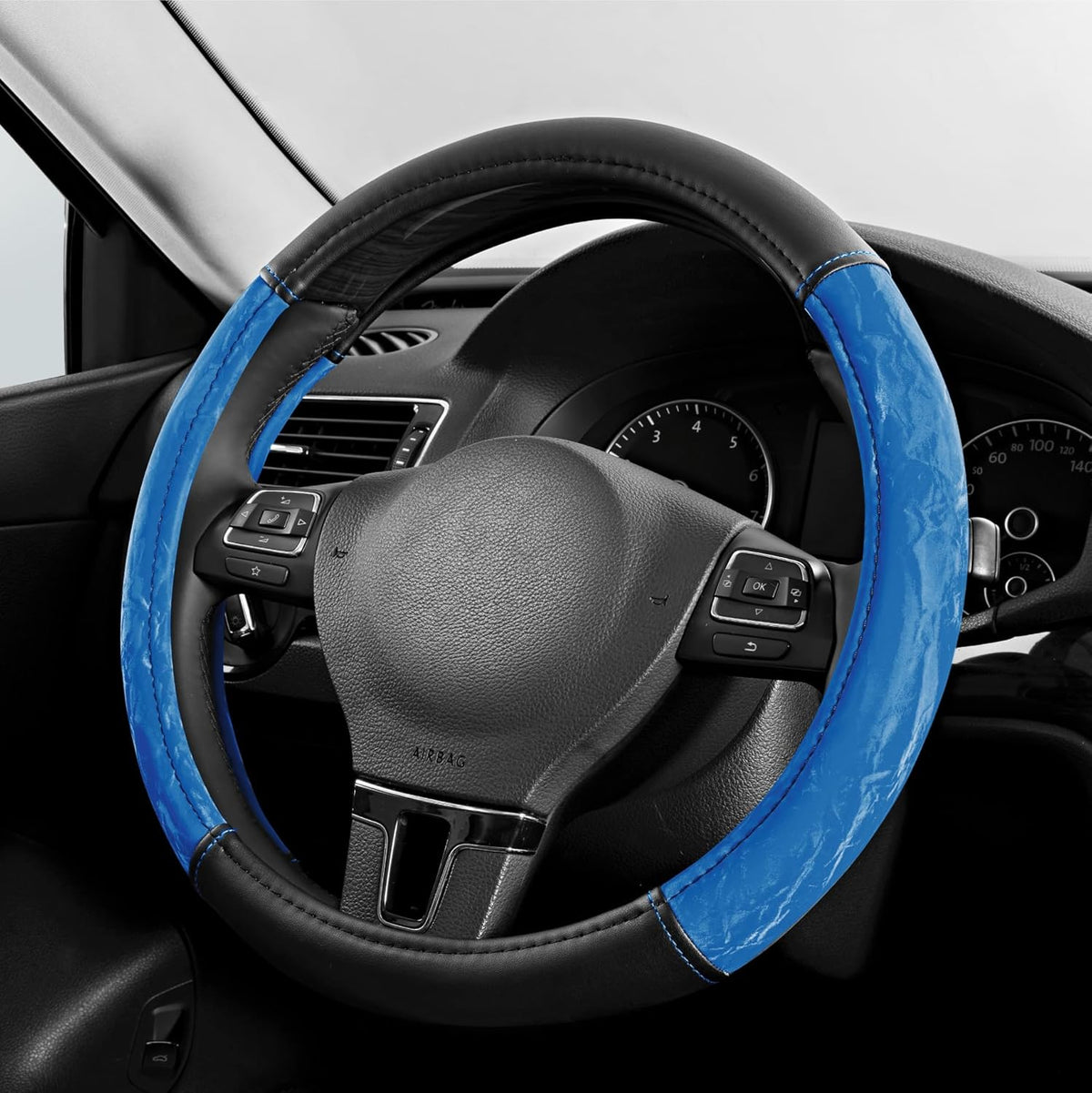 PIC AUTO Steering Wheel Cover, Silk Grain Leather Car Steering Wheel Protector, Comfortable Grip, Universal 14.5-15.5 Inch Anti-Slip Steering Wheels Accessories for Men & Women (Blue)