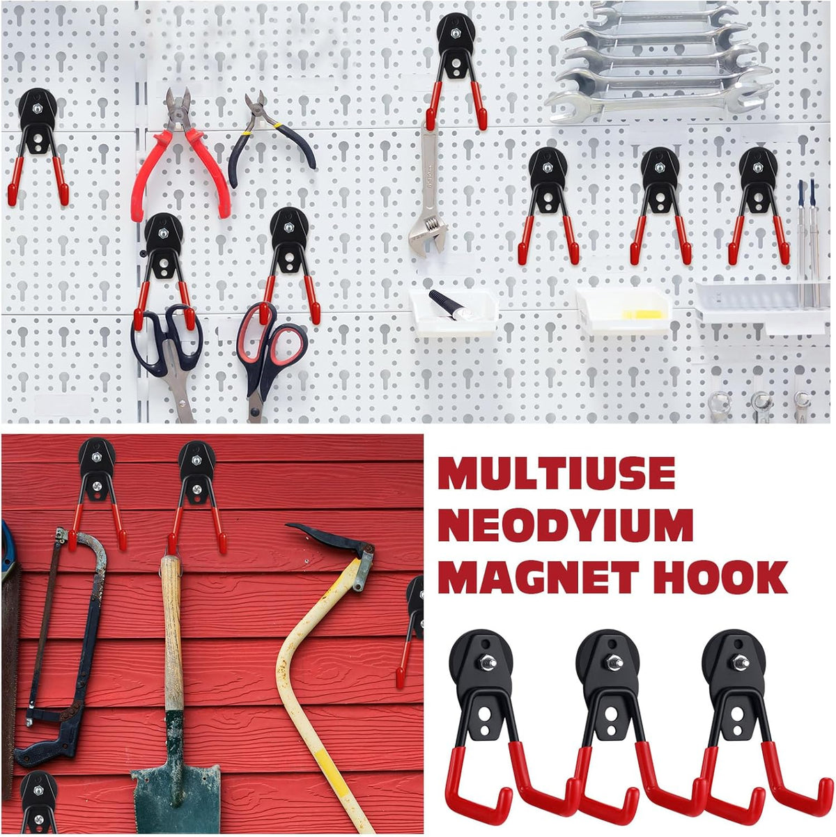 Landhoow Large Magnetic Hooks Heavy Duty Garage Magnet Hooks Strong Storage Utility Magnetic Hangers with Anti Slip Rubber Coating for Indoor and Outdoor Hanging(Red,6 Pcs)