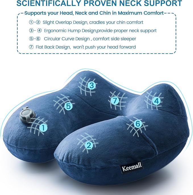 Inflatable Neck Pillow Airplane, Comfortable Inflatable Travel Neck Pillows for Airplanes Traveling on Plane, Soft Plush Cover Head Neck Rest Sleeping Long Flight for Car Train Office Home