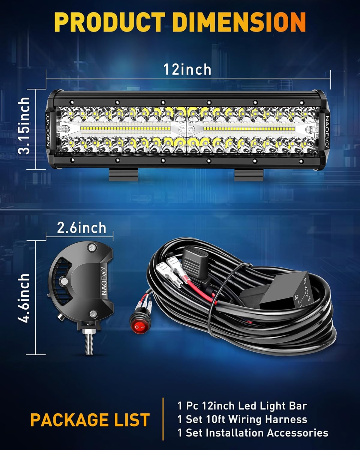 NAOEVO 12 Inch LED Light Bar, 300W 30000LM LED Offroad/Driving/Fog Lights with Wiring Harness Kit, Spot Flood Work Lights for Truck UTV ATV Golf Cart Boat, 1 Pc (White)