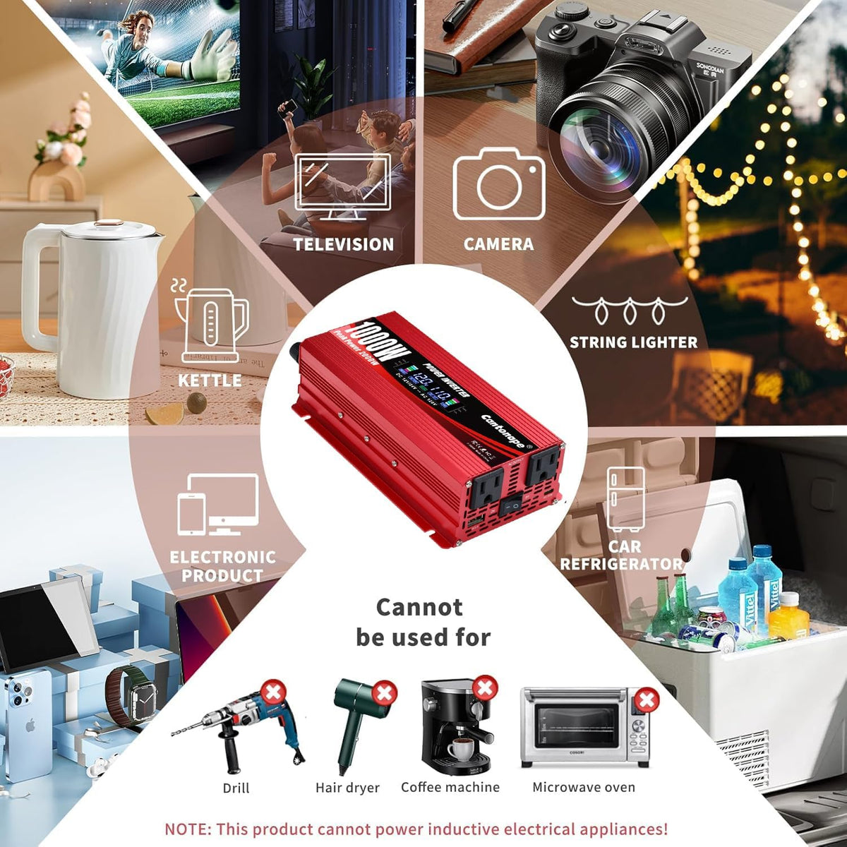 1000W/2000W(Peak) Car Power Inverter DC 12V to 110V/120V AC Converter with LCD Display Dual AC Outlets and Dual USB Car Charger for Car Home Laptop Truck Red