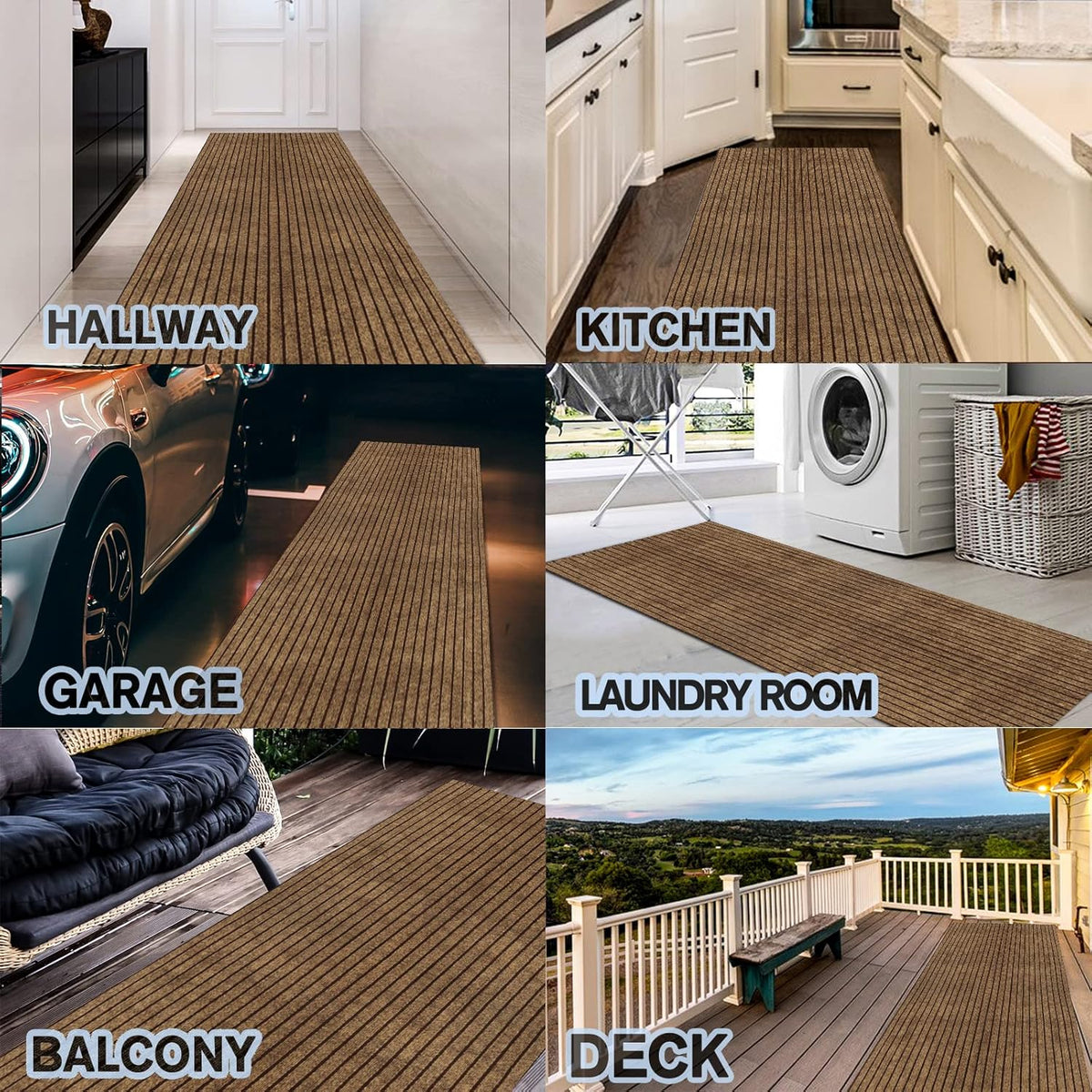 Custom Size Backed Non-Slip Area Rugs Runner, Easy Clean, Waterproof Runner Rugs for Hallway Entryway, Kitchen, Laundry, 3FT x 64FT, Brown Stripe
