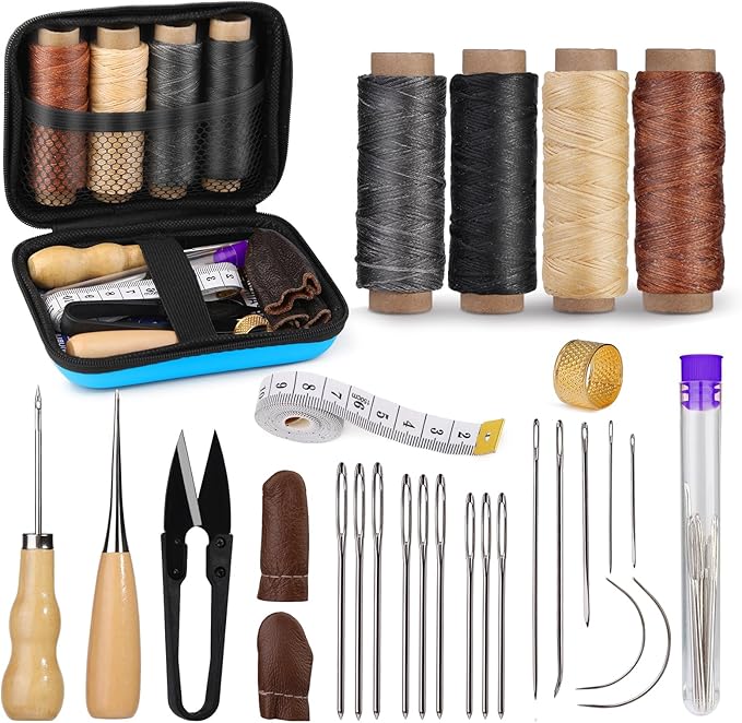 MORFEN Leather Sewing Kit, Leather Stitching Kit with Sewing Awl, Needles, Waxed Thread, Upholstery Repair Kit, Heavy Duty Sewing Tools for Hand Stitching Car Seats, Sofa, Carpets, Shoes, DIY Craft