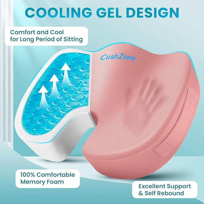 Office Chair Seat Cushion, Cooling Gel Enhanced Memory Foam Cushion for Long Sitting - Back, Sciatica, Coccyx, Tailbone Pain Relief Pillow - for Office, Gaming, Car, Wheelchair - Pink, Large