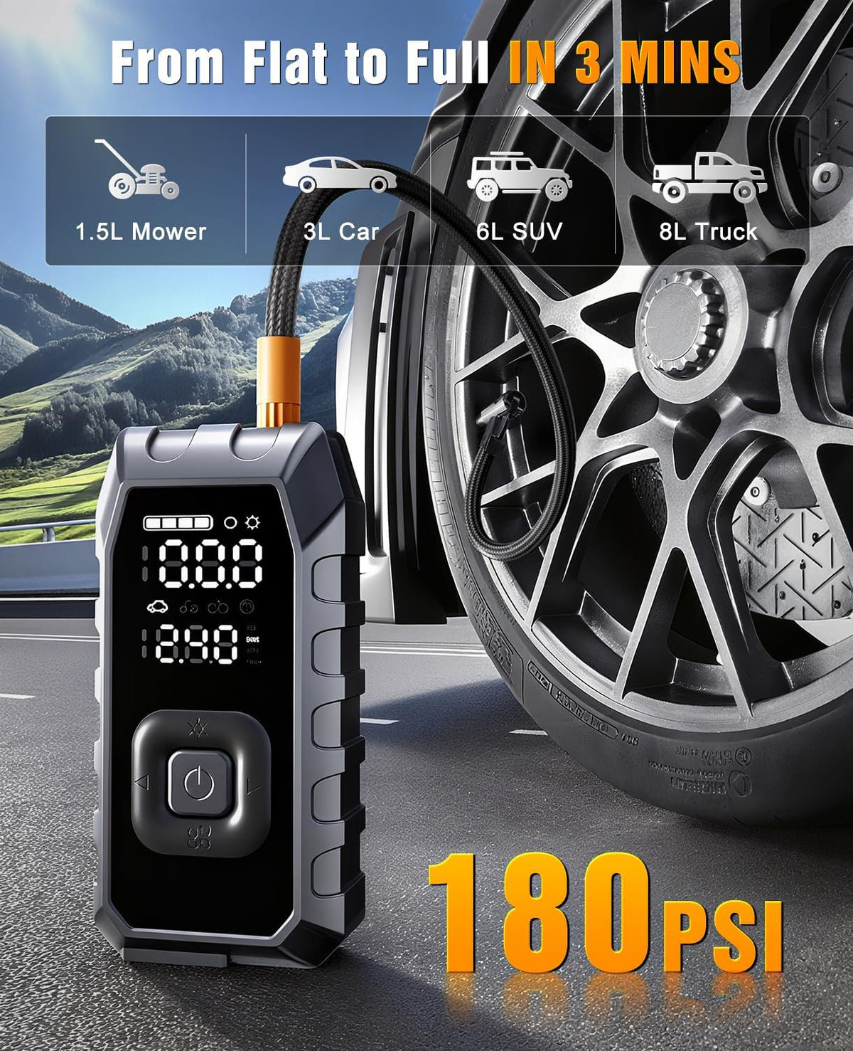 Tire Inflator Portable Air Compressor,65W Fast Charge 180PSI Cordless Electric Air Pump with Digital Pressure Gauge,Jump Starter Auto-Off for Car Bicycle Ball Inflatable,Battery Booster with Light
