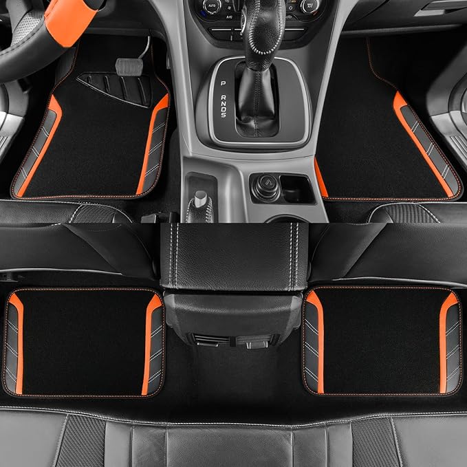 CAR PASS Leather Steering Wheel Cover and Waterproof Car Floor Mats,Microfiber Universal Car Combo Fit for 95% Sedan SUV Van Truck,14.5-15inch Sporty Anti-Slip Safety Comfortable Design, Black＆Orange