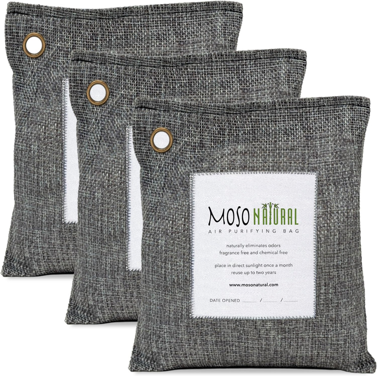 Moso Natural Air Purifying Bag 500g (3 Pack) Premium Bamboo Charcoal Odor Absorber for Home, Bedroom, Kitchen, Basement | Unscented Pet Odor Eliminator | Large Charcoal Deodorizer Bag Covers 250sqft