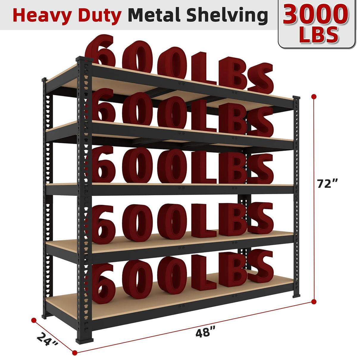 2 Packs 48" W x 24" D x 72" H Adjustable Garage Storage Shelves - 5-Shelf Heavy Duty Shelving Unit, Metal Utility Storage Organizer Racks for Warehouse Pantry Closet Kitchen, Black