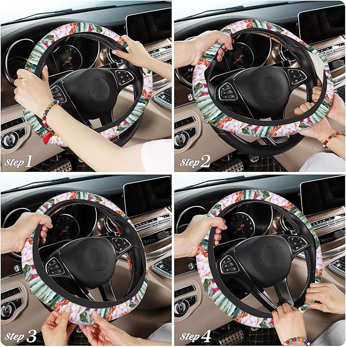 Watercolor Cactus Car Steering Wheel Cover, Flowers Roses Non-Slip Absorbing Sweat Car Wheel Cover Accessories for Men Women,Universal 15" Fit Auto SUV Vans Trucks