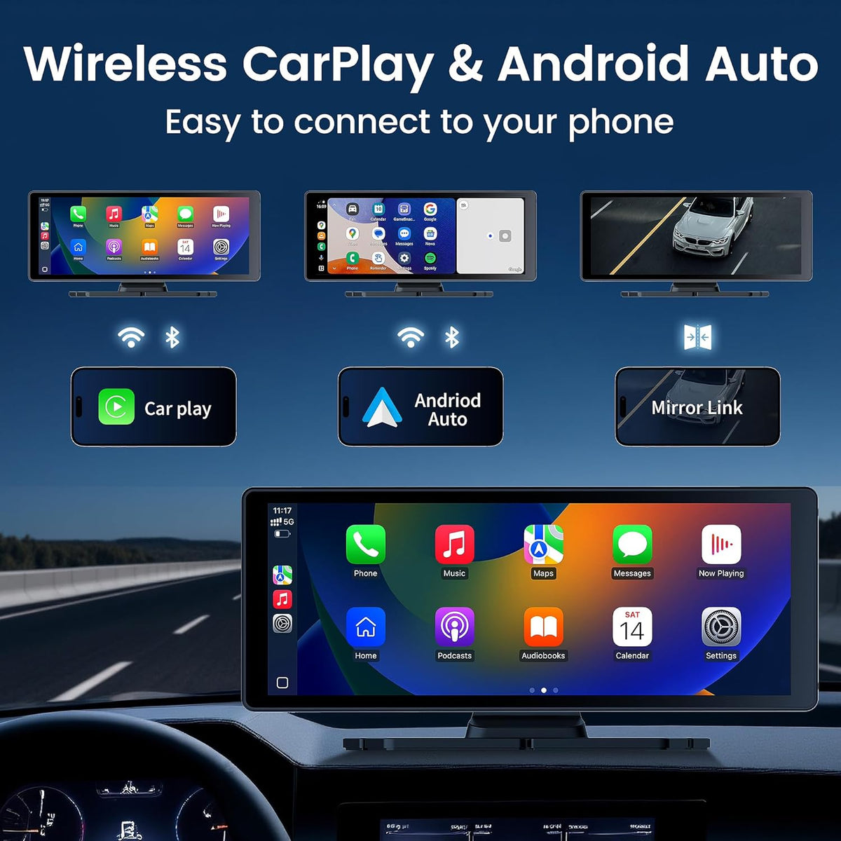 10.26" Carplay Screen for Car,4K Dash Cam,Portable Tablet for Apple Android Auto,Voice Touch Control GPS Navigation,Stereo Audio Radio,Rear Backup Camera,Bluetooth,Wireless Mirror for Truck