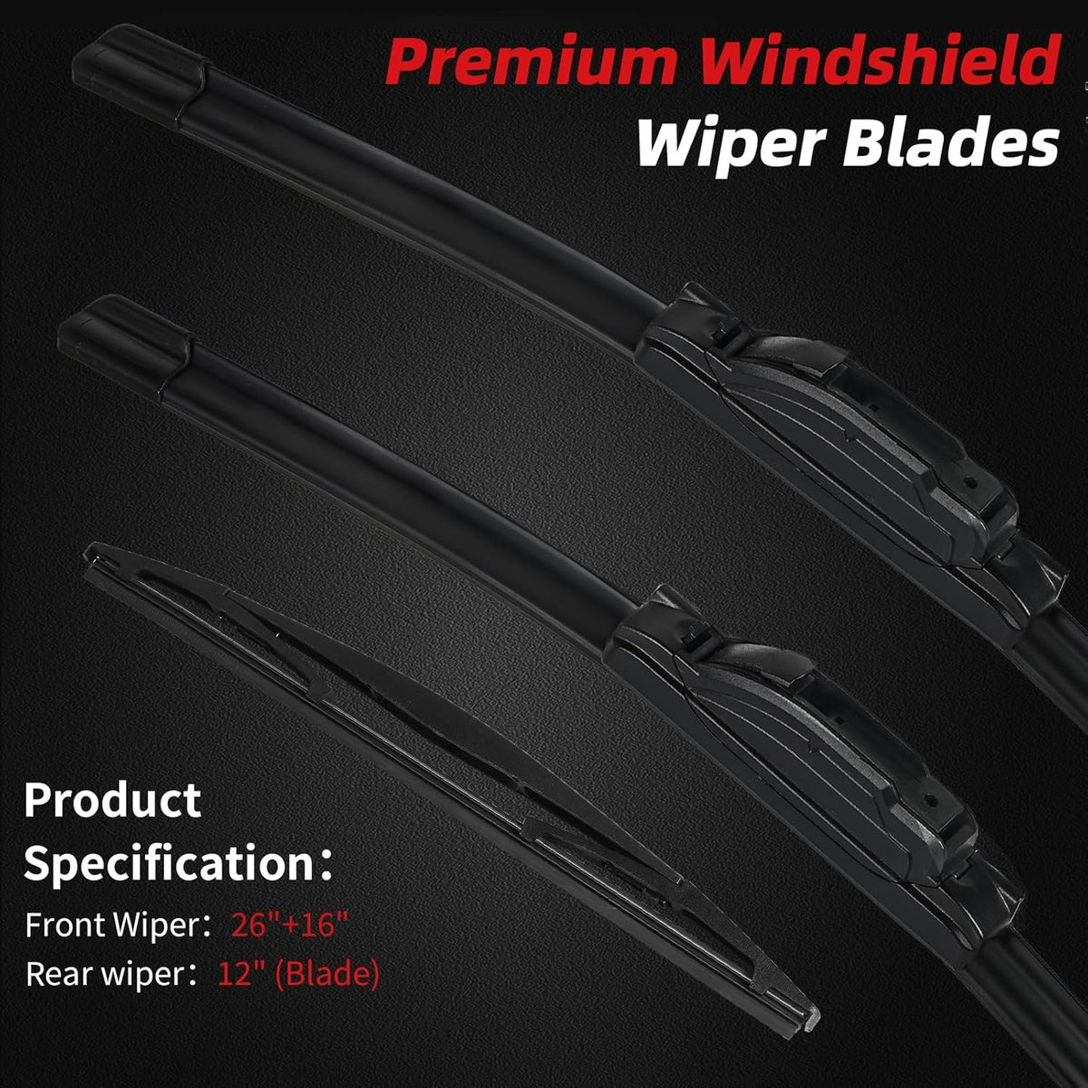 OTUAYAUTO Premium Windshield Wiper Blades - Replacement for Subaru Crosstrek 13-17, Impreza 12-16, Nissan Murano 09-16, All-Weather, Front and Rear Wiper Blades, J/U Hook - 26"+16"+12" (Pack of 3)