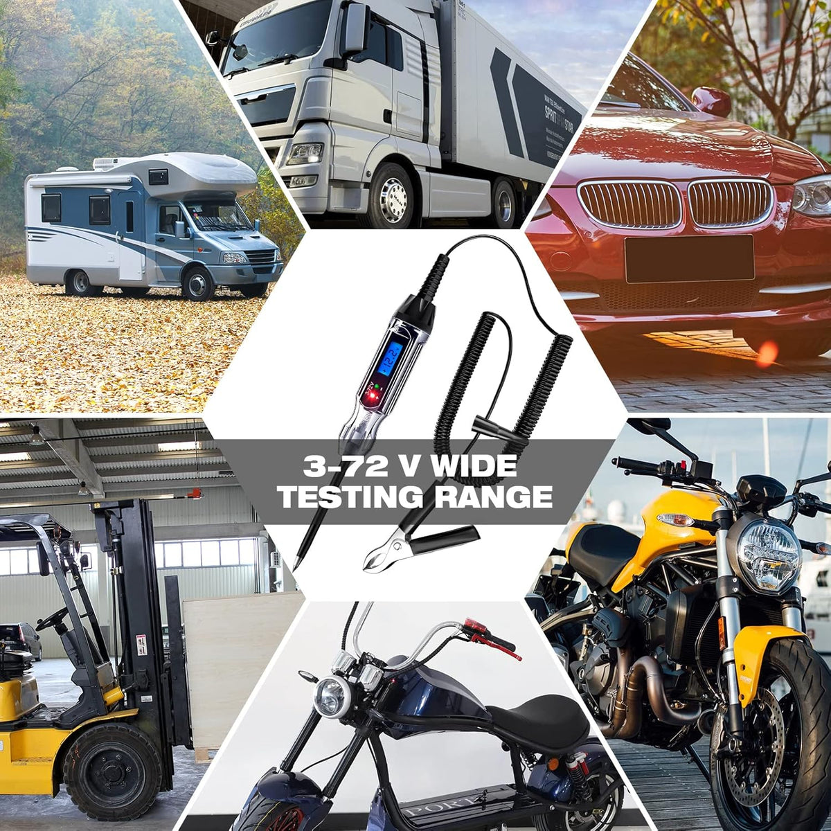 Heavy Duty 3-72V Backlit Digital LCD Circuit Tester, Automotive Test Light with 140 Inch Extended Wire and 2 Polarity Indicate LED Lights, Car Truck Low DC Voltage & Light Tester with Stainless Probe