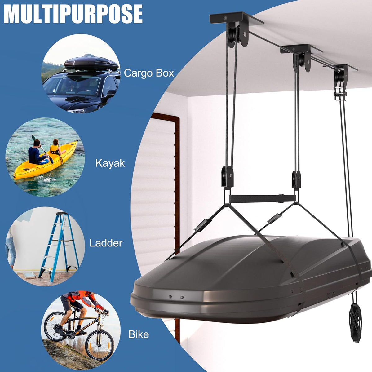 Cargo Box Pulley System for Garage Storage, Heavy-Duty Kayak/Canoes/Bikes/Ladders Ceiling Hoist, Hold Up to 150 lbs Capacity, Fit 10-18 Foot Ceilings, Black