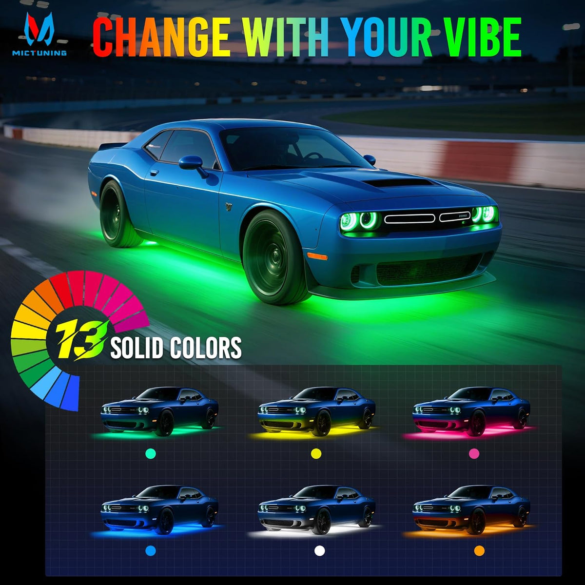 MICTUNING U8 RGB Underglow LED Light Bar, Dual Remote Control, Multicolor Underbody Light Strip with Aluminum Housing, Car SUV Exterior Neon Accent IP68 Waterproof, 8pcs