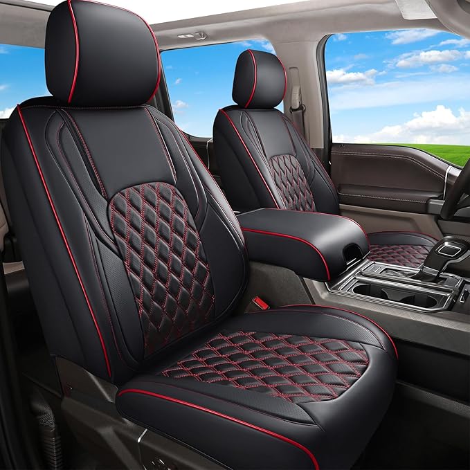 Huidasource Tacoma Seat Cover Front & Rear, Full Coverage Waterproof Leather Custom Cover Fit for 2016-2023 Double & Crew Cab Toyota Tacoma SR SR5 Limited TRD Sport/Pro/Off Road (Full Set/Black&Red)