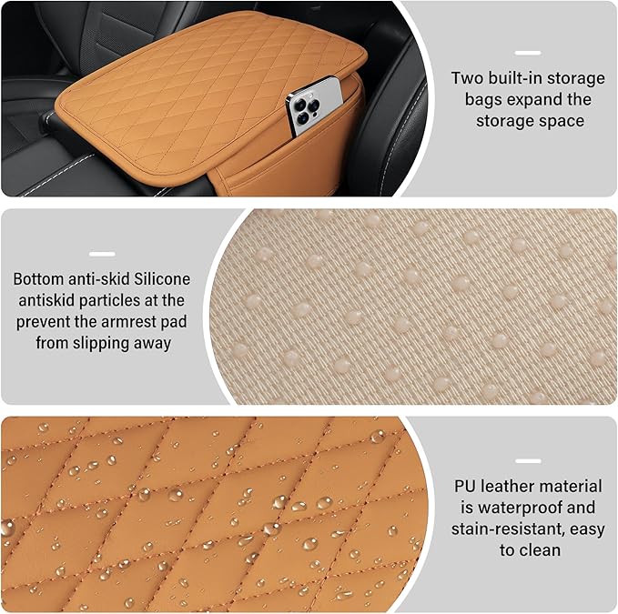 Amiss Car Center Console Cover, Upgraded Leather Car Armrest Cushion with 2 Storage Pockets, Universal Waterproof Cushion Pad, Non-Slip Car Interior Accessories, Fits Most Sedans SUVs Trucks (Orange)