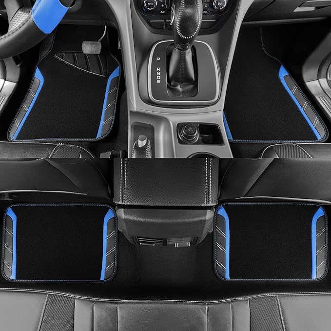 CAR PASS Leather Steering Wheel Cover and Waterproof Car Floor Mats,Microfiber Universal Car Combo Fit for 95% Sedan,SUV,Cars,14.5-15inch Sporty Anti-Slip Safety Comfortable Design(Black＆Blue)