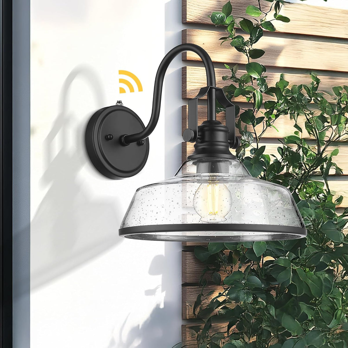 kudos Dusk to Dawn Outdoor Wall Sconce, Exterior Garage Light Fixtures, Farmhouse Waterproof Outdoor Gooseneck Barn Light Motion Sensor, Seeded Glass 1 Pack, KDOWL05-BK-S-LC