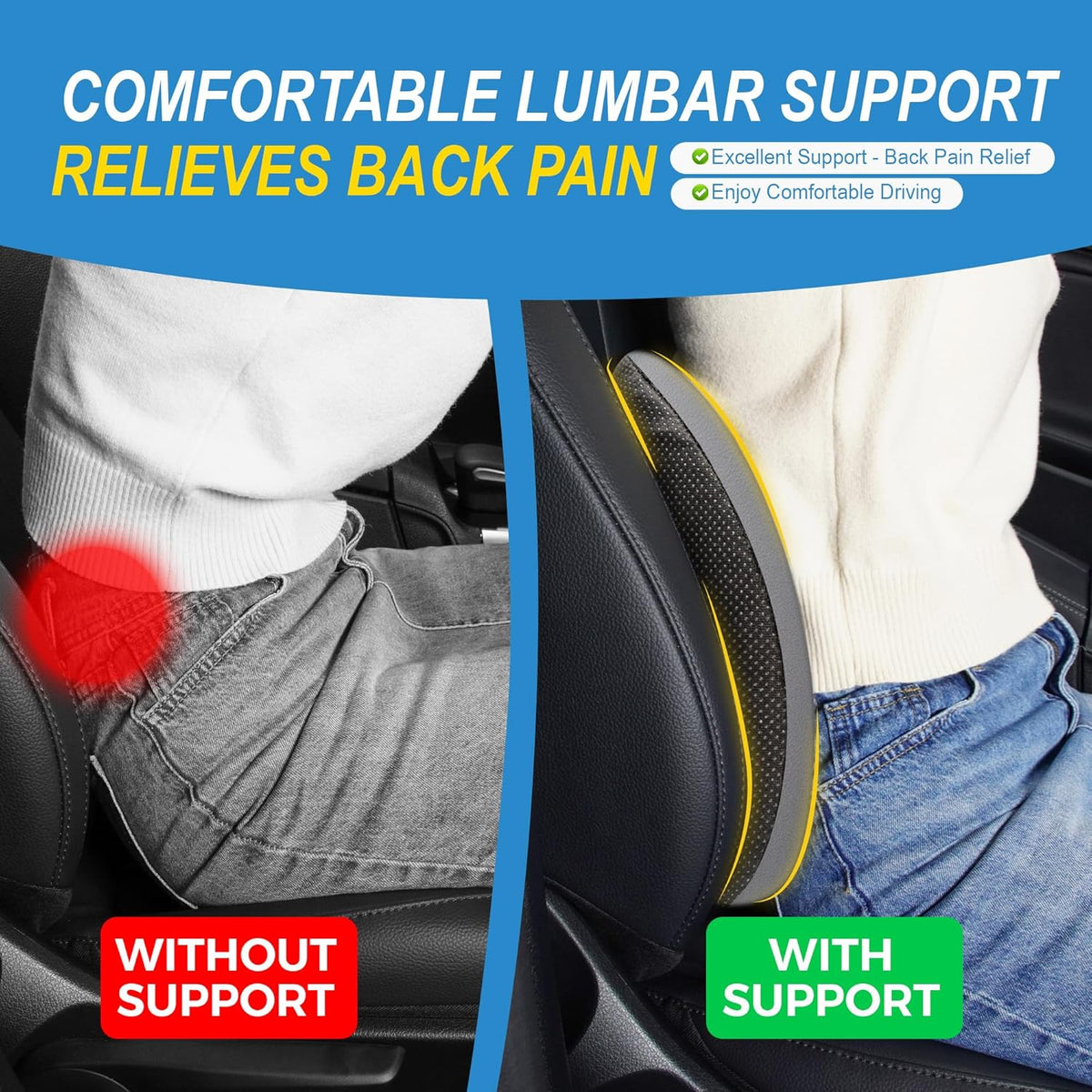 Lumbar Support Pillow for Car, Memory Foam Lumbar Pillow for Lower Back Pain Relief - Back Cushion for Driving, Chair Support for Car-Office Chair, Wheelchair - Classic Dark Grey