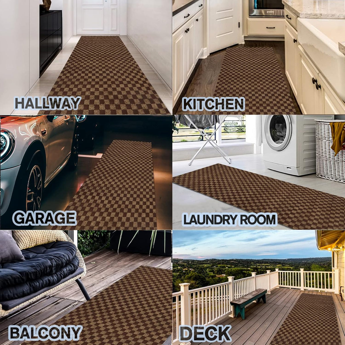 Custom Size Backed Non-Slip Area Rugs Runner, Easy Clean, Waterproof Runner Rugs for Hallway Entryway, Kitchen, Laundry, 2FT x 78FT, Brown Checkered