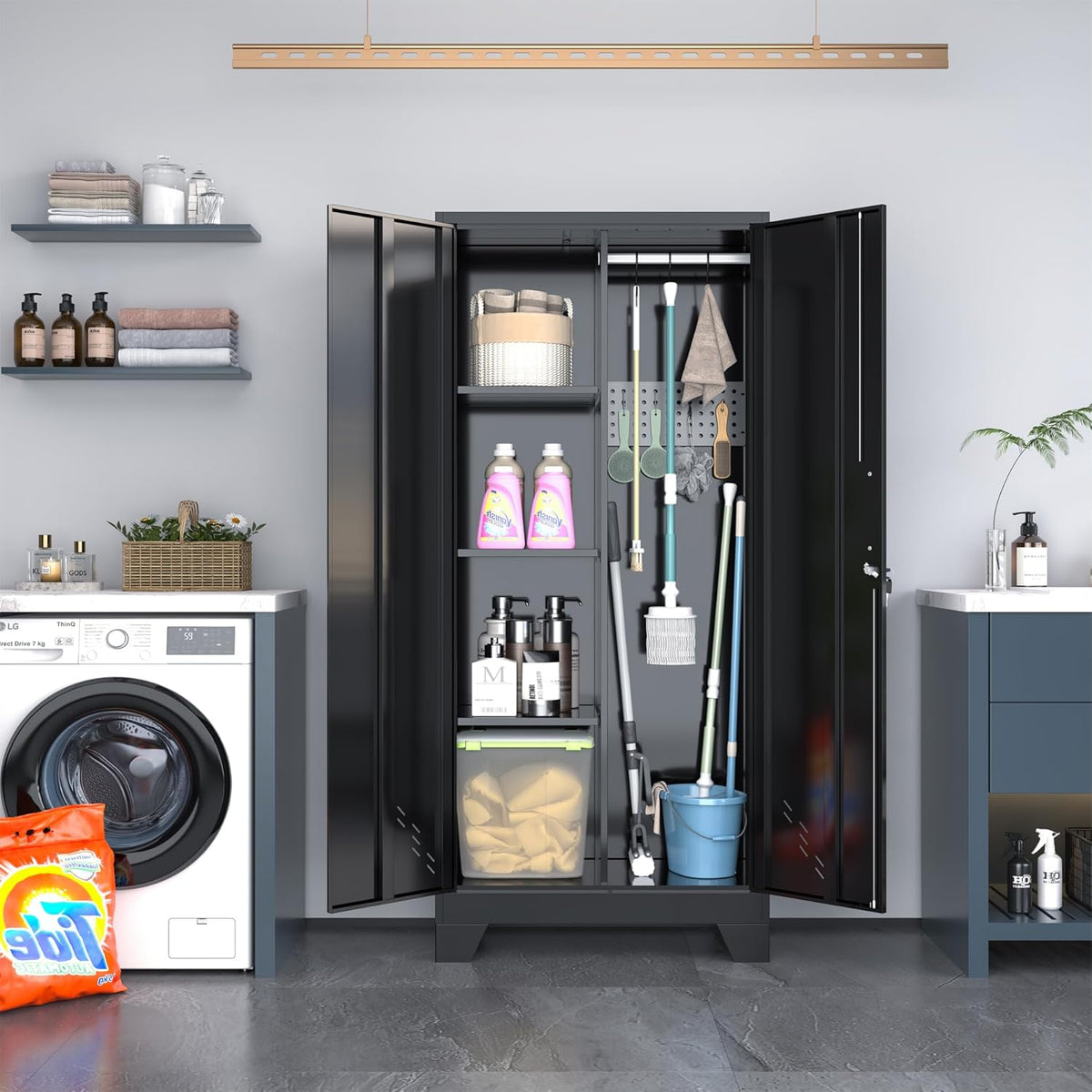 Metal Storage Cabinet,61" Tall Storage Cabinet,Utility Cabinet for Brooms and Mops,Laundry Room Cabinets,Tool Lockable Organization,Black