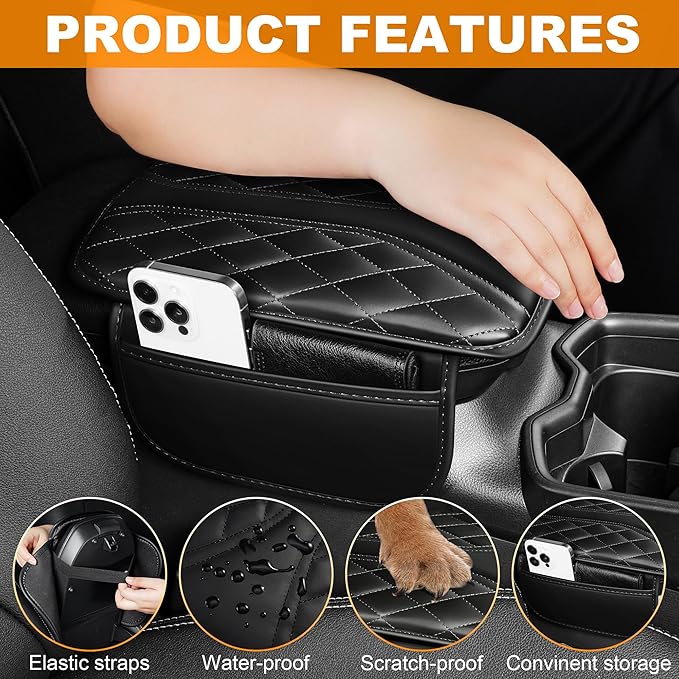 Car Center Console Cover Fit for Jeep Gladiator - Leather Armrest Covers with 2 Storage Pockets(Black)