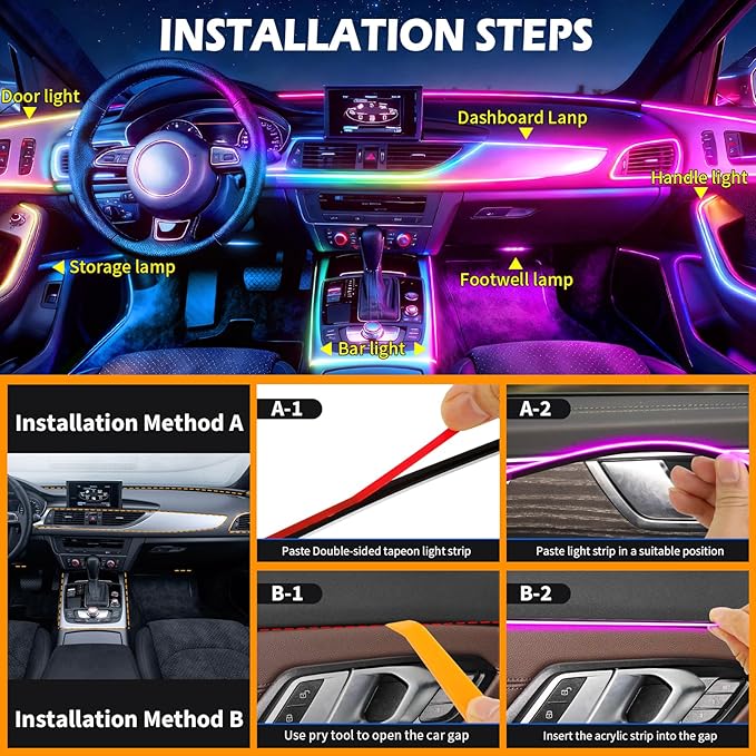 Dreamcolor Acrylic Interior Car LED Strip Lights with APP&Remote Control RGB 10 in 1 Ambient Lighting Kits Fiber Optic Strip LEDs Music Sync Car Neon Lights for Cars,SUVs,Trucks