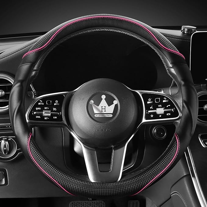 3D Car Steering Wheel Cover Comfort Grip Massage Sporty Anti-Slip Carbon Fiber Faux Leather for Sedan SUV, Universal Fit, Car Handle Covers for All Seasons, 14.75-15.15in, Pink