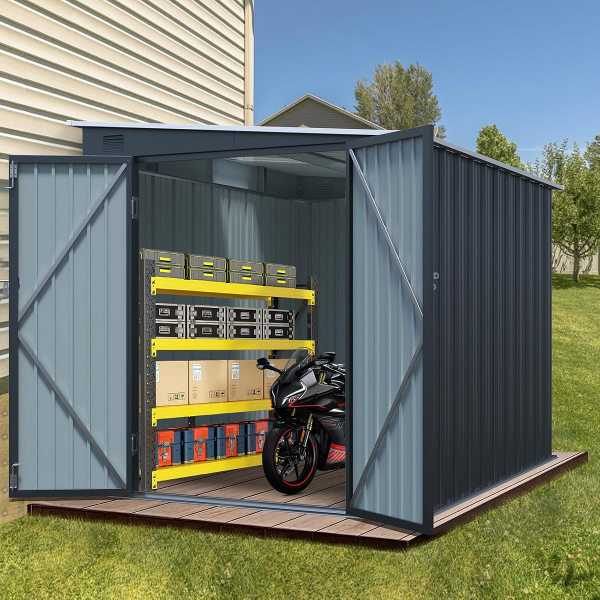 6x8FT Outdoor Storage Shed with Lockable Double Doors, Metal Lean to Garden Shed with Free PC Light Board for Tools, Small Outside Storage Shed Waterproof for Backyard, Patio, Gift for Dad