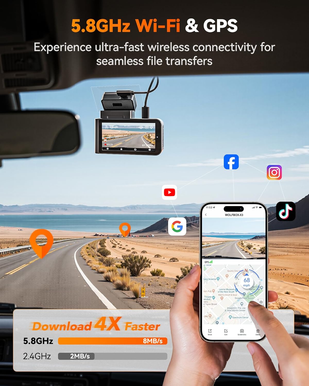 WOLFBOX X3 2.5K 60FPS Dash Cam, STARVIS 2 IMX675 with ADAS, 2.5K+1080P Dual Dash Cam Front and Rear, Built-in 5.8GHz WiFi & GPS, Included 64GB Card, Touch Screen, G-Sensor, Loop Recording
