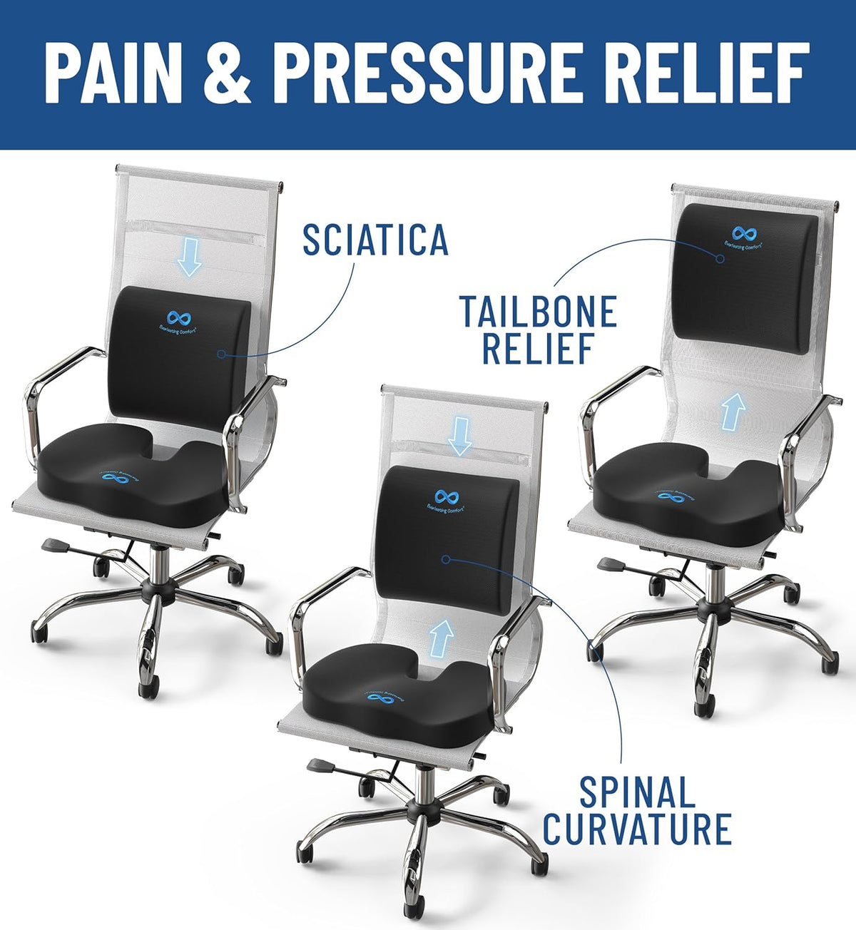 Everlasting Comfort Doctor Recommended Memory Foam Seat Cushion for Office Chairs & Car Seat - Ergonomic Office Desk Accessories for Tailbone Pain Relief, Sciatica & Back Support