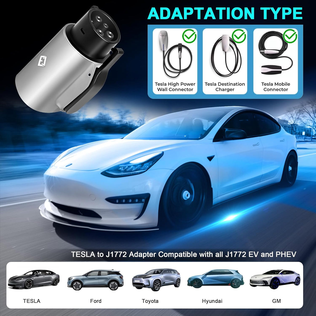 Tesla to J1772 Adapter, for All J1772 EV, 80A 250V Max, Portable and Outdoor EV Adapter, for Tesla High Powered Connectors, Destination Charger, Mobile Charger, Wall Charger, (Silver)