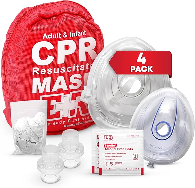 Adult and Infant CPR Mask Combo Kit – 4-Pack – 8 Valves, 4 Gloves, 8 Alcohol Pads – Latex-Free, Portable Pouch for First Responders
