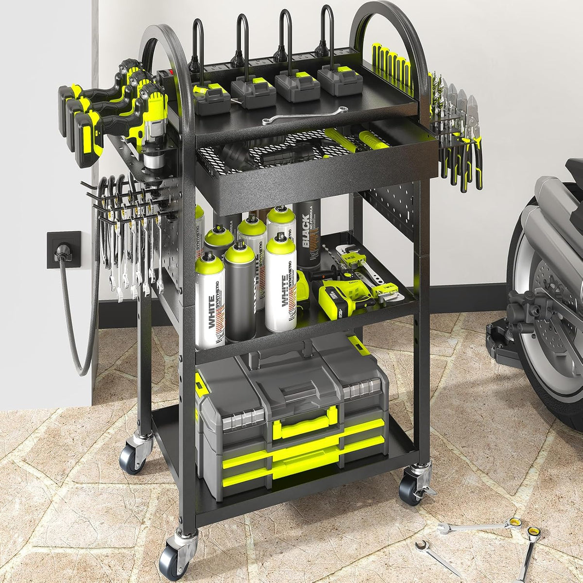 KAFAHOM Power Tool Cart with Charging Station, Rolling Cart with Drawer, Heavy Duty Power Tool Organizer with 360 Silent Wheels, Storage for Garage, Warehouse & Repair Shop