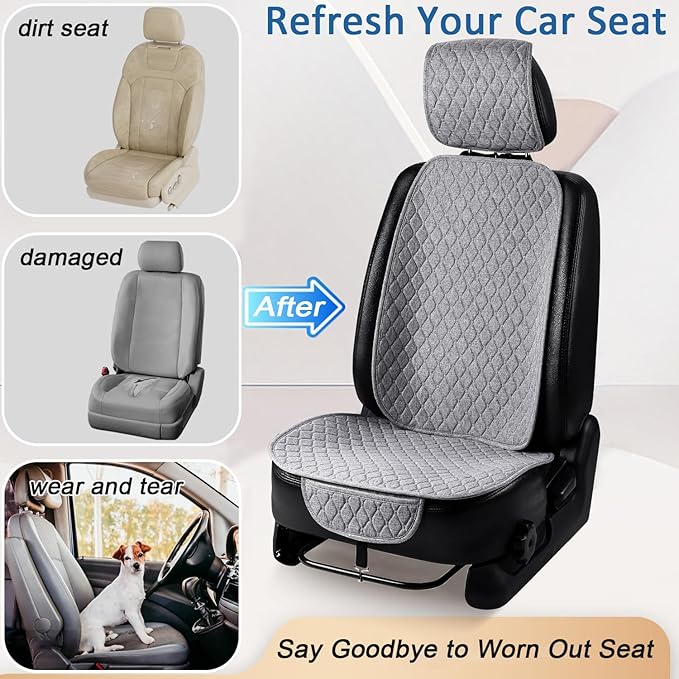 Car Seat Covers, 2 Pack Linen Front Seat Covers for Car, Non-Slip Soft Breathable Front Car Seat Protector Universal Fit Most Automotive, Van, SUV, Trucks (2Pack Light Grey)